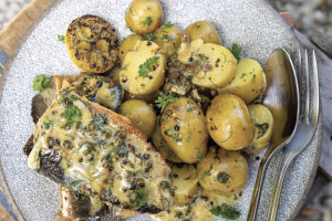 Anchovy buttered rainbow trout - Photographer: Sally Greer