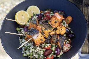 BBQ skewered salmon - Photographer: Sally Greer