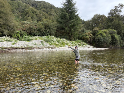 Luken Bisley enjoying some late season fly fishing on the Inangahua River.