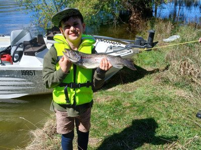 InsertPicCSIRLOCT2026 01 ‘Miller Weston with his Lake Opuha Brown trout caught while out with grandad and the South Canterbury A