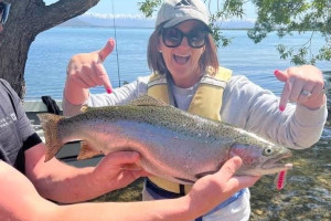 WFR2223.19 A catch to remember Steph Townsend points to her cracking 3.01kg Lake Benmore rainbow trout