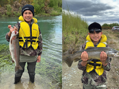 WFR2627.11 Eleven year old Eli Edgeler from Temuka with his impressive opening day catches from the Waitaki River