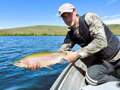 WFR2425 39 Fish Game Ecologist Blake Harper with a feisty 4.5 lb rainbow trout caught and released at Lake Alexandrina