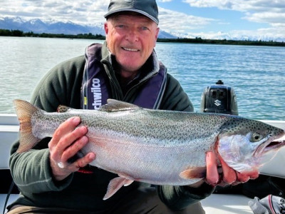WFR2425 45 Stephen Mealings of Ashburton with a fine Lake Benmore 8lb rainbow trout caught trawling with a chinook lure.
