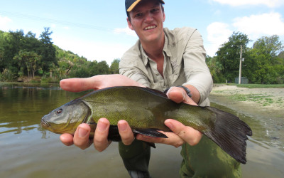 WFR1819.52Fish Game Officer Hamish Stevens displays a Centennial Park tench Credit R Adams