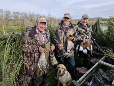 BBcsi6 'L R Dave Jarrett, Bruce Osmon and Paul Herring hunting near Temuka on opening weekend'   credit Rhys Adams